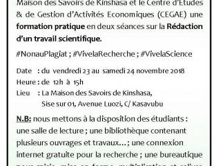 OPPORTUNITE DE FORMATION POUR LES ETUDIANTS FINALISTES SUR LA REDACTION PRATIQUE D'UN TRAVAIL SCIENTIFIQUE